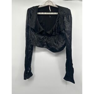 Free People‎ Black Satin Ruched Sleeve Corset Cropped Jacket Womens XS